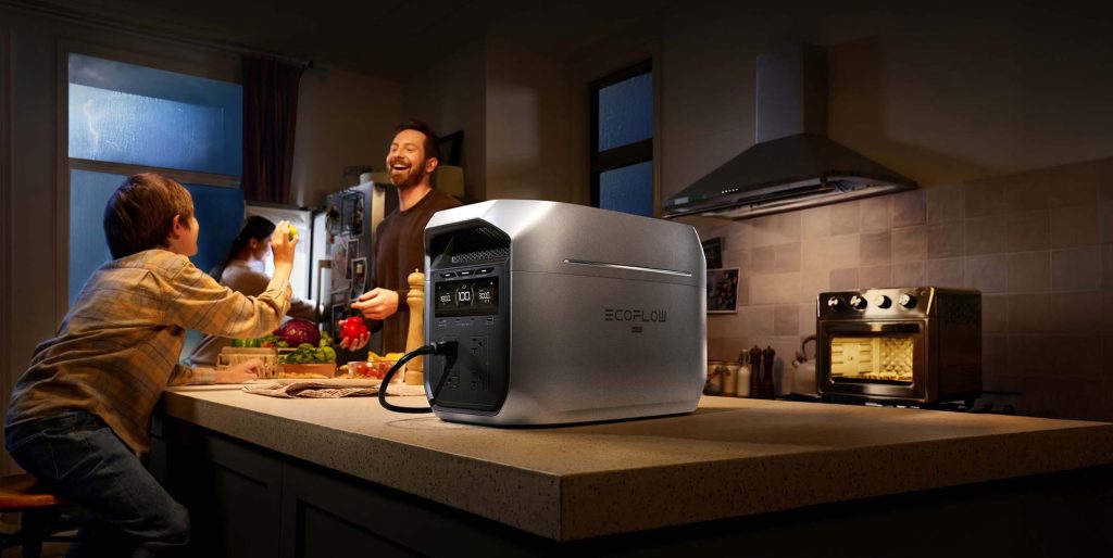 family in kitchen with EcoFlow power station