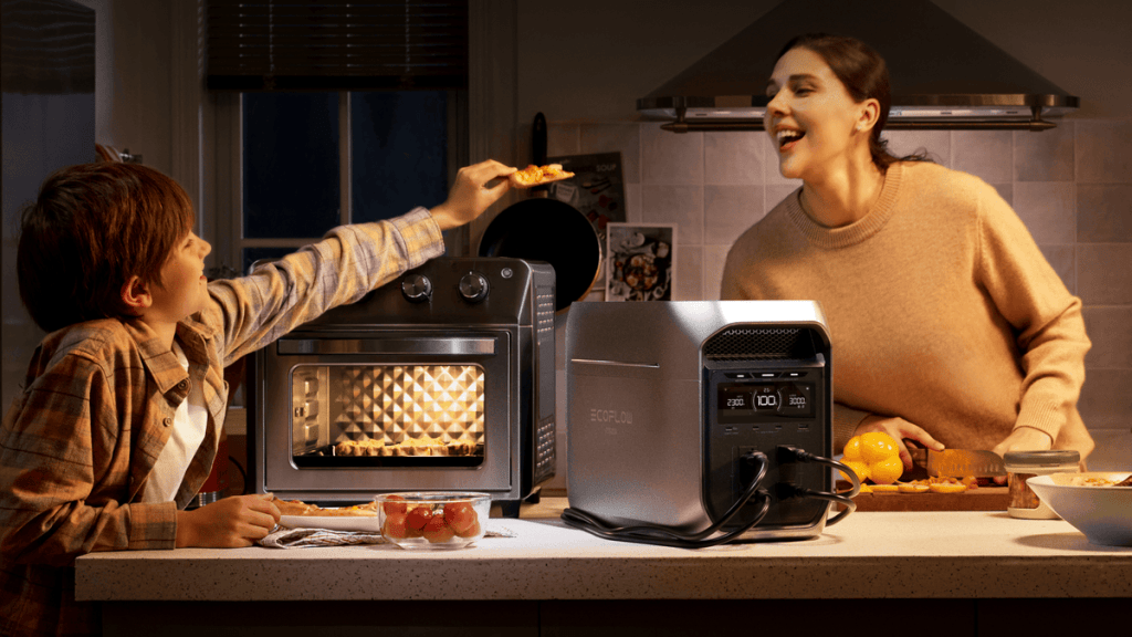 mother and son in kitchen with EcoFlow power station