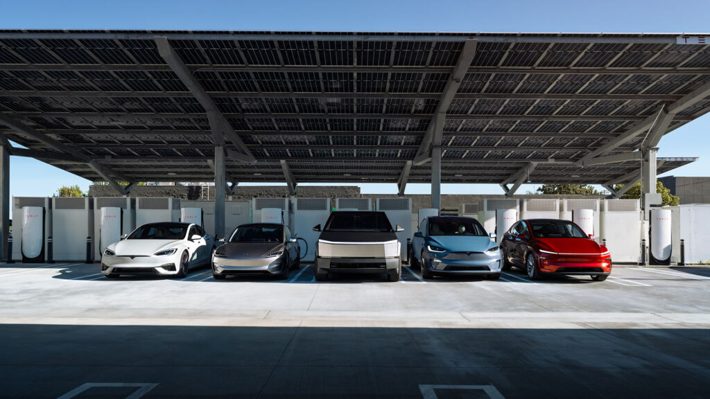 From left to right: Tesla Model S, Model 3, Cybertruck, Model X, and Model Y electric vehicles. 
