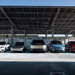 From left to right: Tesla Model S, Model 3, Cybertruck, Model X, and Model Y electric vehicles.