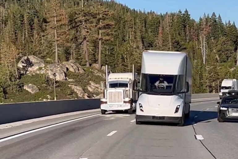 Unbelievable video shows Tesla electric semitruck challenging diesel 18-wheeler to a race on highway — see who won