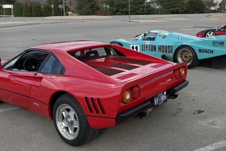 Check out this [Ferrari 288 GTO] next to a [Porsche 962 c] in Leyton house livery that I saw close to my home