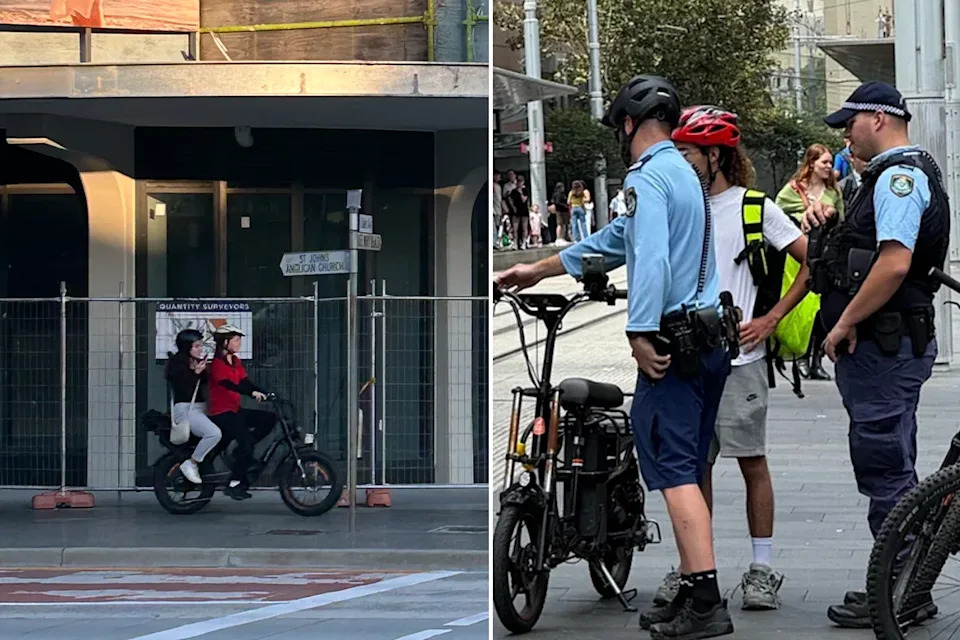 Left: E-bike riders in Sydney. Right: Police talk to a delivery rider on an e-bike. 