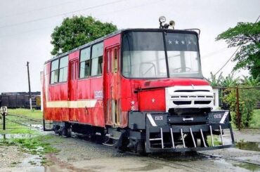 Custom-made railbus in Cuba made from the body of a Cold War era Hungarian Ikarus transit bus and a Soviet ZIL truck hood