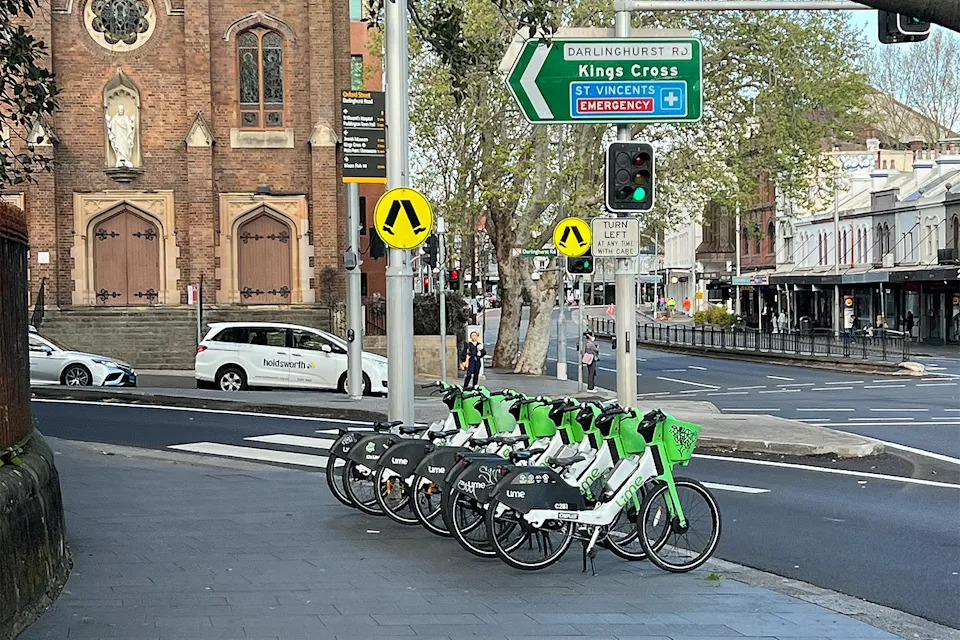 Shared e-bikes in Darlinghurst, Sydney. 