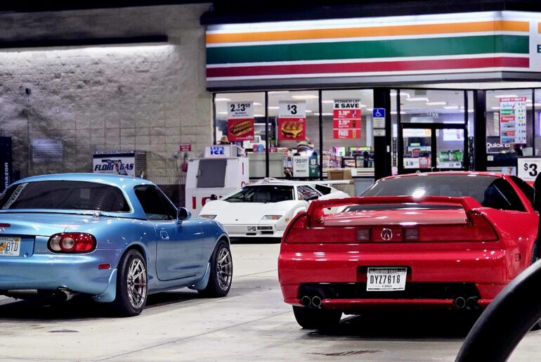 Miata, NSX and Countach on a midnight Slurpee run (4000x1868)