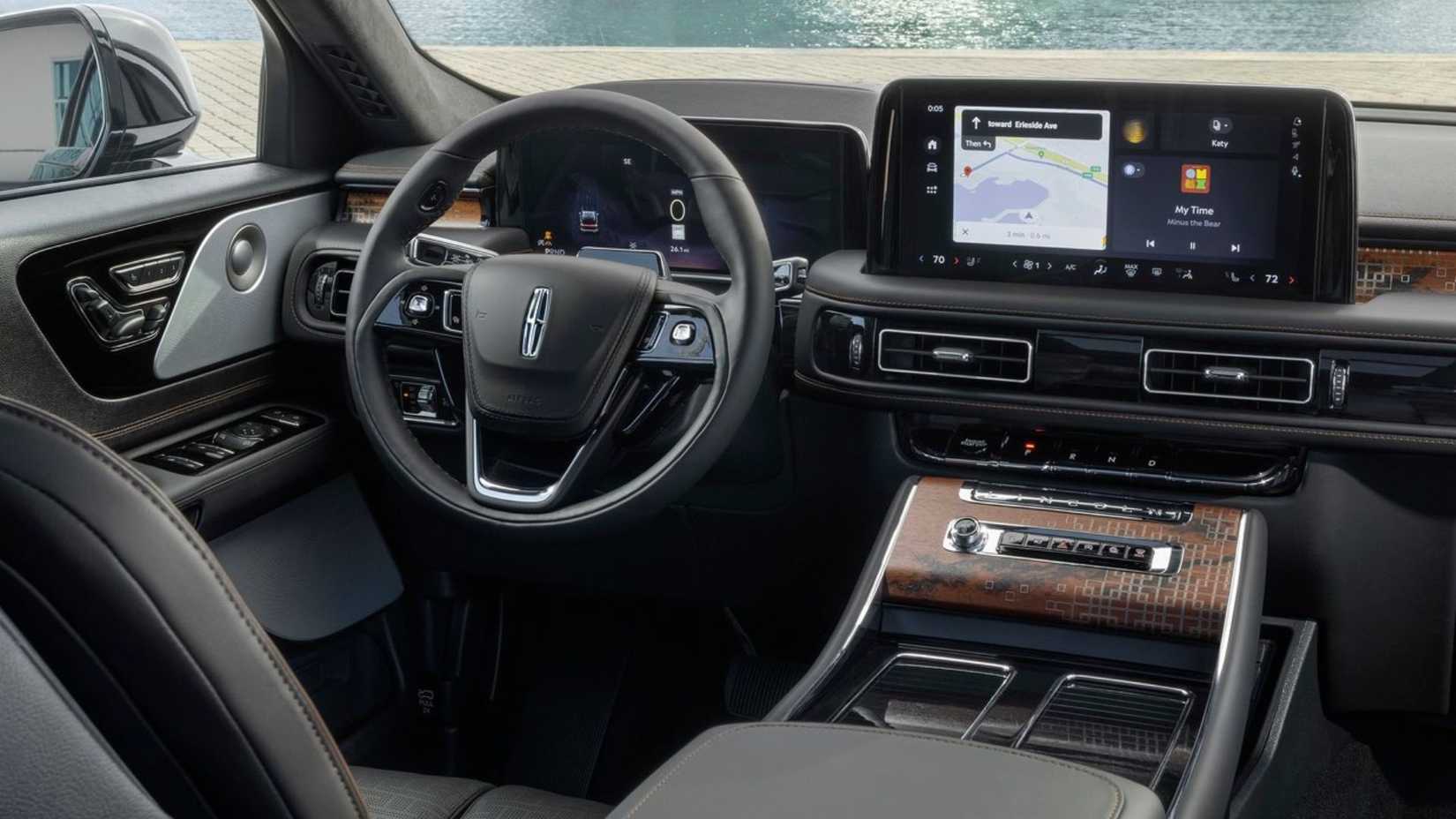 Shot of the steering wheel and dashboard inside the cabin of a 2025 Lincoln Aviator.