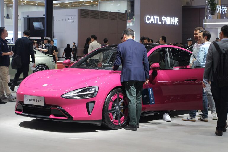 A Xiaomi SU7 displayed at the Shanghai auto show in April 2025.