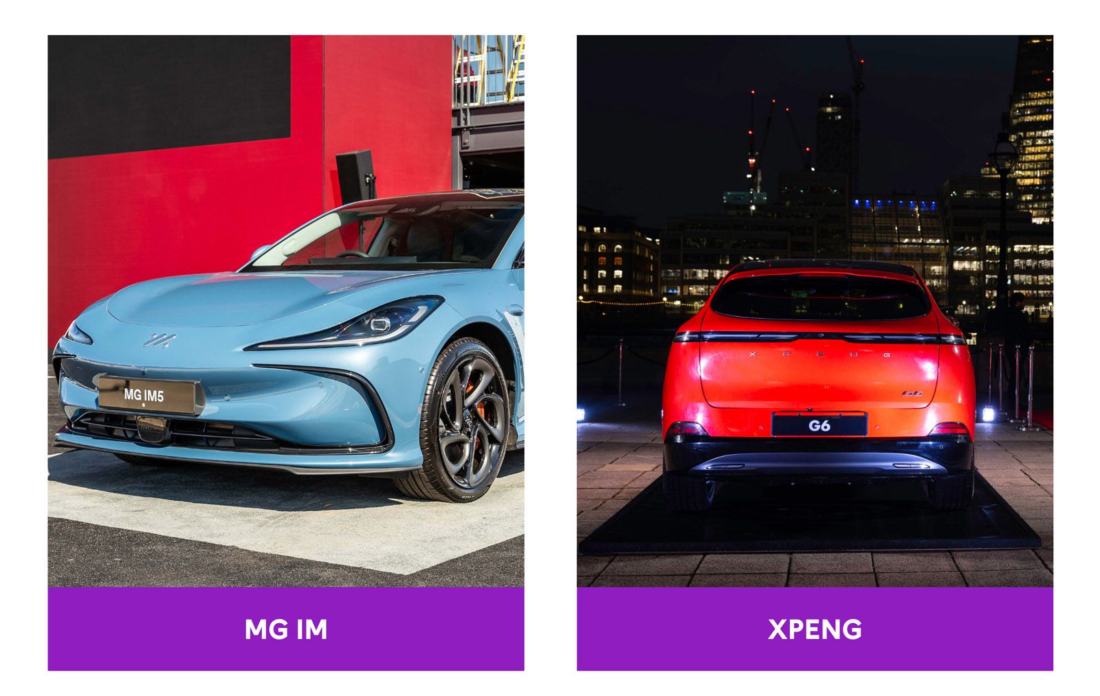Split image showing a blue MG IM5 car on the left with a red backdrop, and a red XPENG G6 car under night lights on the right.