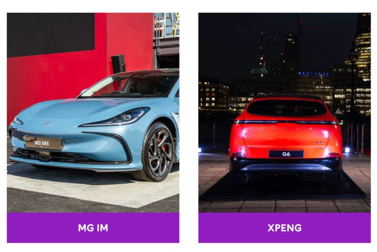 Split image showing a blue MG IM5 car on the left with a red backdrop, and a red XPENG G6 car under night lights on the right.