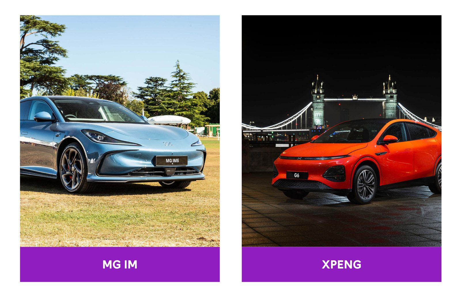 Two electric cars: a silver MG IM parked outdoors during the day, and an orange XPENG G6 in front of a lit bridge at night.