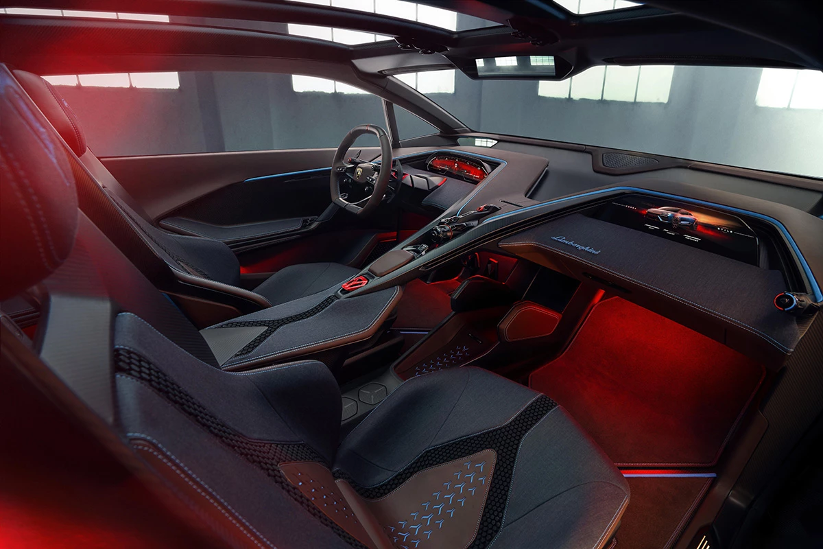 Lamborghini had a host of sustainable fabrics and recycled materials in mind for this radical interior