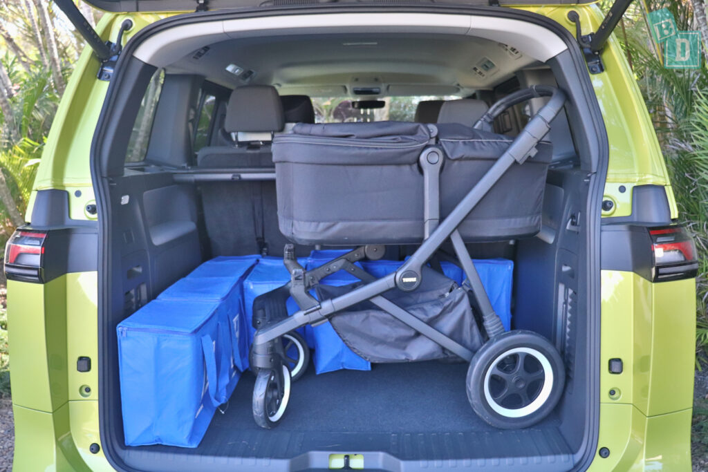 2025 Volkswagen ID Buzz Pro SWB boot space for shopping with single stroller pram and bassinet if two rows of seats are in use