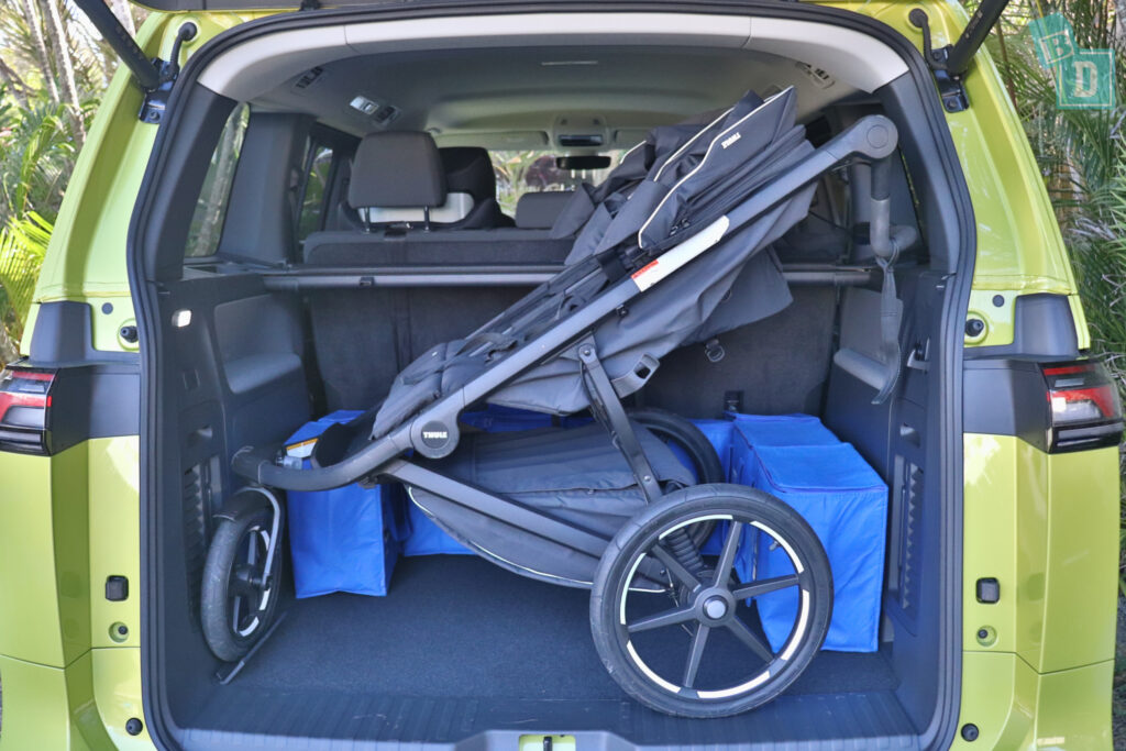 2025 Volkswagen ID Buzz Pro SWB boot space for twin side by side stroller pram and shopping with two rows of seats in use