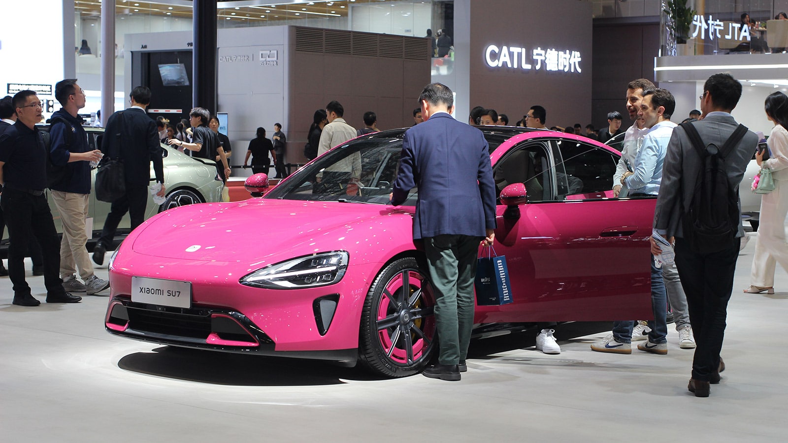 A Xiaomi SU7 displayed at the Shanghai auto show in April 2025.