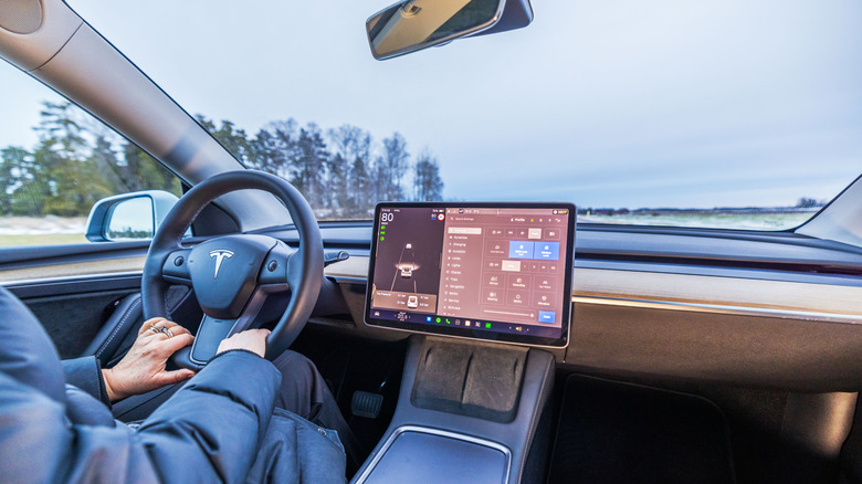 Sweden. Uppsala. 02.20.2025. Close-up view of driver holding steering wheel inside Tesla Model 3 electric car with touchscreen displaying vehicle controls.