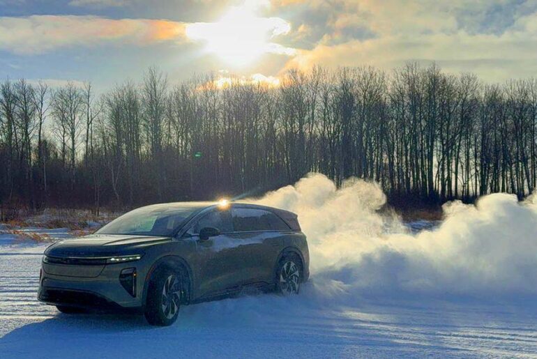We put Lucid’s Air Pure, Air Sapphire, and Gravity SUV through brutal winter testing in Northern Minnesota