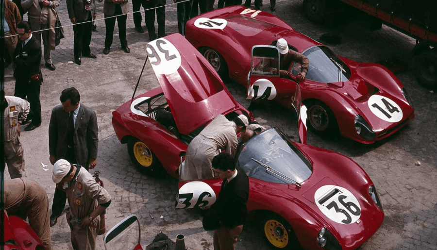 Ferrari Dino 206s and 330P3 during the 1966 1000 Km of Monza (1367×1400)