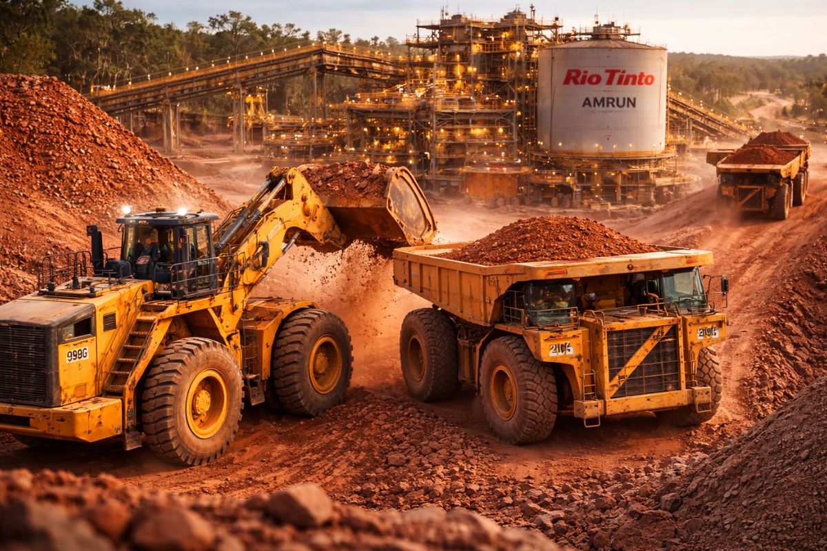 At the mine that operates like clockwork, Rio Tinto accelerates bauxite extraction with Caterpillar 993 tractors and GPS, maintaining a rate of 6.000 tons per hour at the plant and transporting loads to ships in continuous cycles.