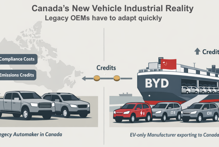 ChatGPT generated illustration showing emissions credits flowing from EV imports to legacy automakers under Canada’s vehicle emissions rules.
