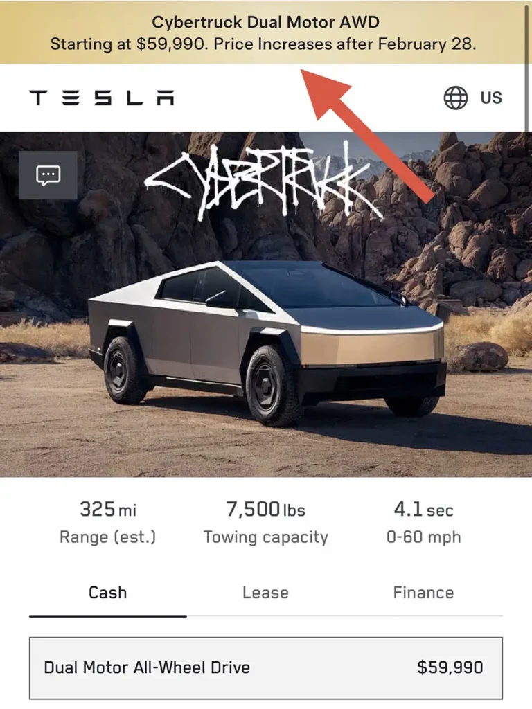 Tesla (TSLA) plans to increase the price of the new Cybertruck Standard AWD after 28th February (online configurator screenshot).