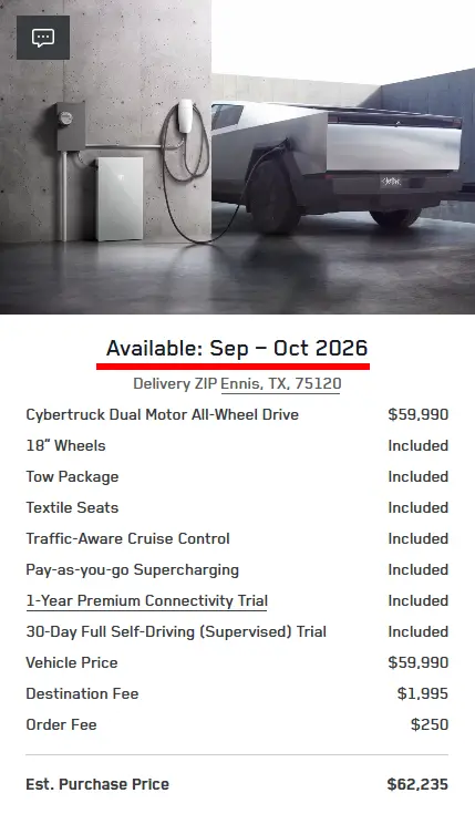 Tesla Cybertruck Standard AWD delivery date estimate extends from June to September - October 2026.