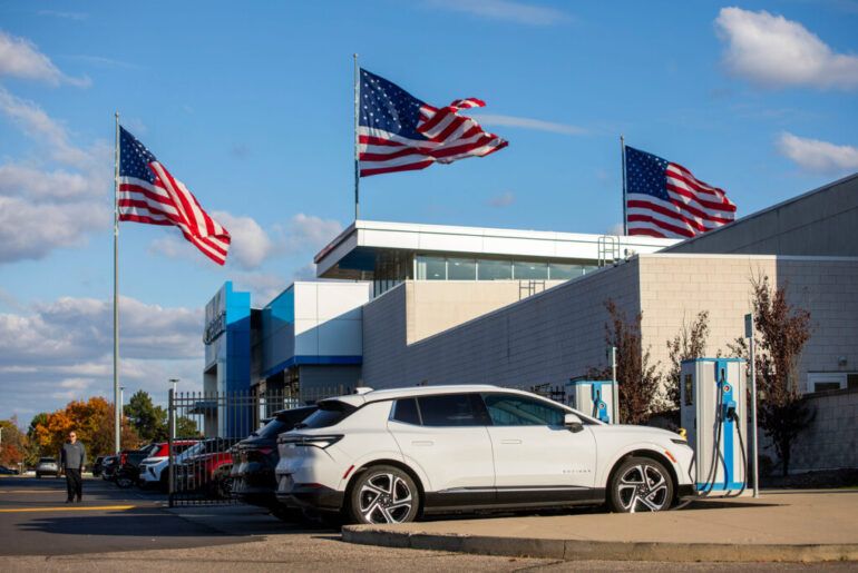 Chevrolet Equinox EVs sit at a dealership in Southfield, Mich., on Oct. 29, 2025. Credit: Bill Pugliano/Getty Images