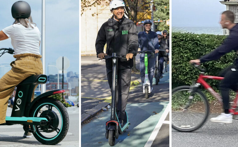 A slide from a presentation titled "do these devices all have the same name?" over three different kinds of scooters: one is a two-wheeled, small-wheeled scooter designed to be ridden while standing; the center is a sit-down two-wheeled moped with a seat, the third is a four-wheeled powered wheelchair with a high-backed seat.