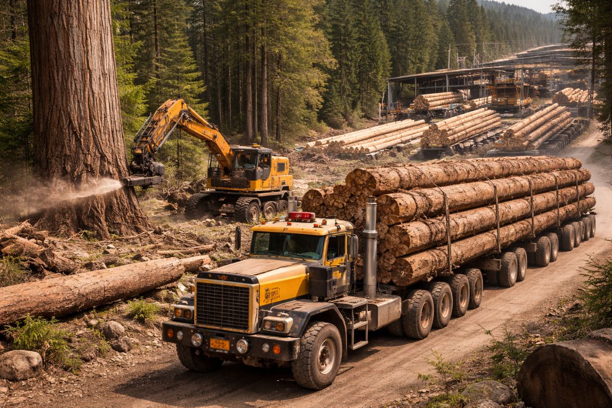 In the largest trees in the north, Canada combines millimeter-precise felling, heavy transport with Pacific P16 trucks, and a near-automated factory to transform logs into long, certified LVL beams, showcasing efficiency gains and the true cost of scale.