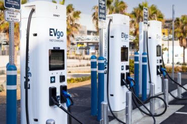 Lineup of several EV charging stations.