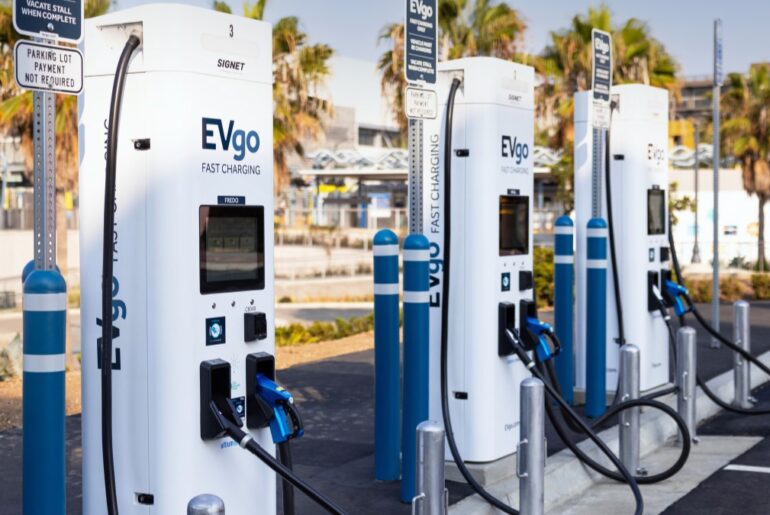 Lineup of several EV charging stations.