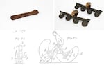 A 16th-century bone skate, 19th-century in-line roller skates and a drawing of a patent for metal rocking-shoes from the early 20th century.
