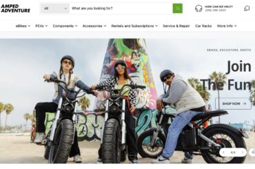 Screenshot of the Amped Adventure website with a photo of people on e-motos with text Join the fun. E-bikes, e-scooters, e-motos.