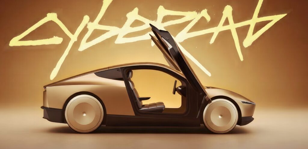 Tesla Cybercab robotaxi vehicle with open butterfly doors and the 'Cybercab' wordmark in specific Tesla Cyber font style.
