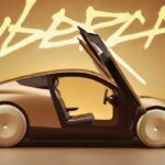 Tesla Cybercab robotaxi vehicle with open butterfly doors and the 'Cybercab' wordmark in specific Tesla Cyber font style.