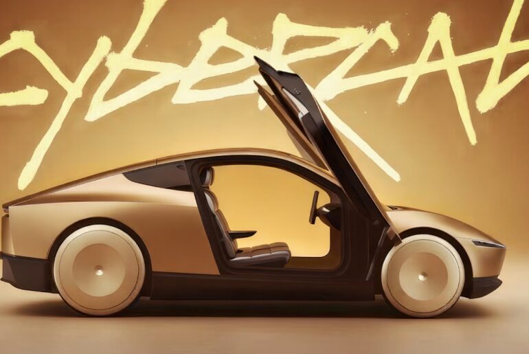 Tesla Cybercab robotaxi vehicle with open butterfly doors and the