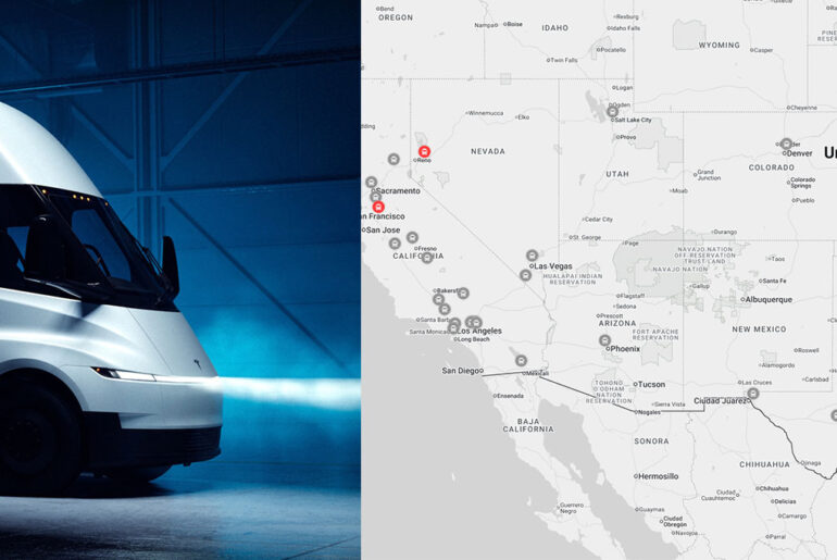 Tesla marks upcoming Megacharger locations for the Semi-truck on the updated map.