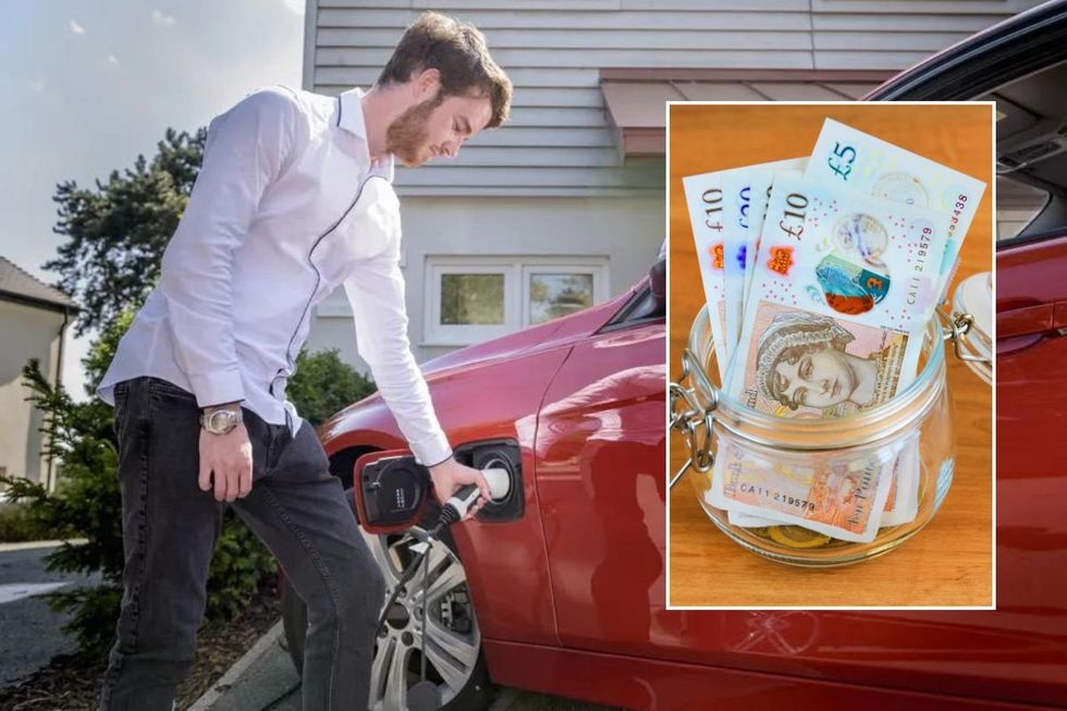 A driver charging his electric car at home and a pot of money