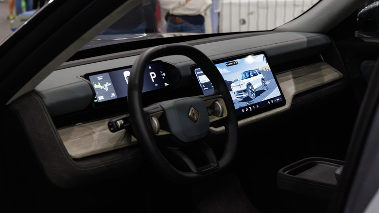 The interior of the Rivian R2 is seen during the 2025 Los Angeles Auto Show at the Los Angeles Convention Center