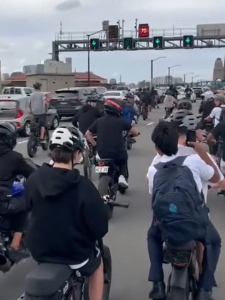 Swathes of people ride e-bikes along the Sydney Harbour Bridge on Tuesday afternoon. Picture: NewsWire Handout