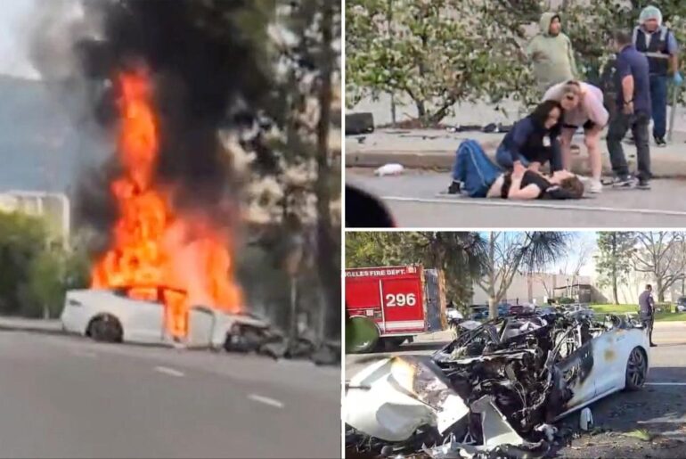 Tesla catches fire after LA crash, 2 hospitalized