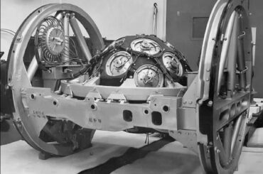An Orange Herald spherical warhead installed in the center section frame of a Blue Danube casing prior to the Operation Grapple tests at Christmas Island, 1957.