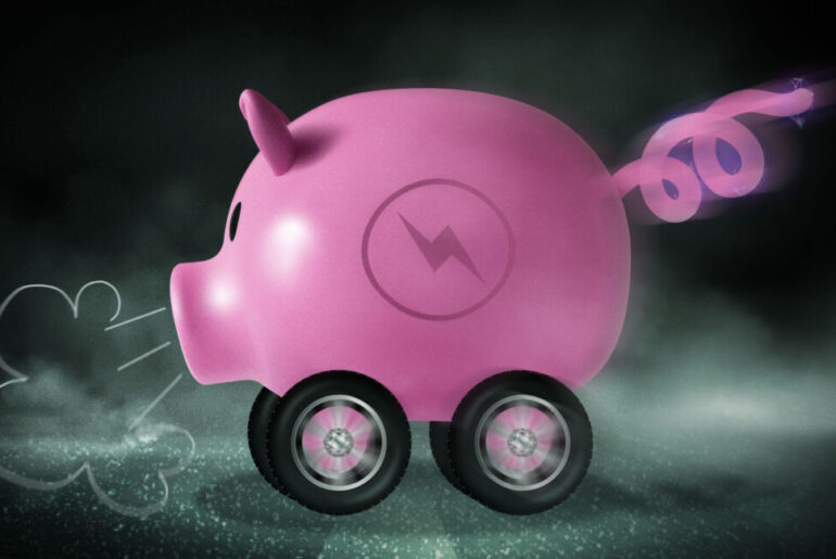 A piggy bank on wheels with an electric bolt for a tail