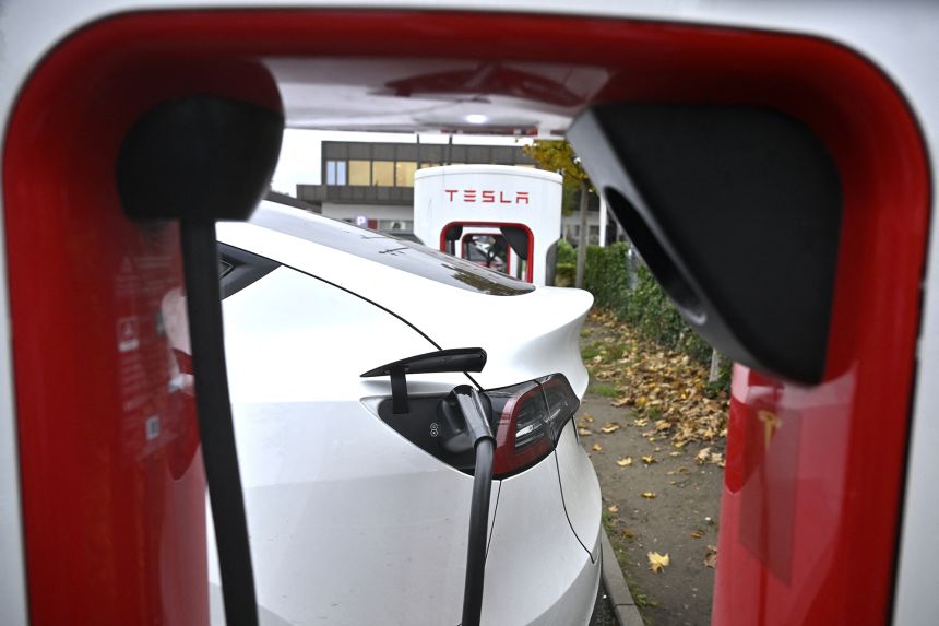 An electric charging station for Tesla cars in Bochum, Germany.
