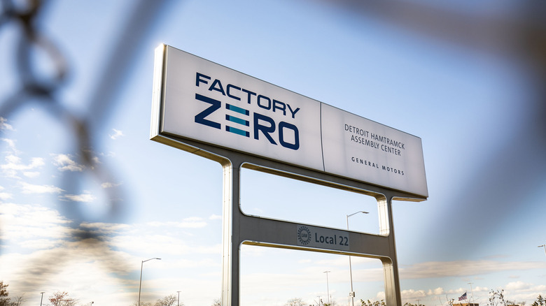 A sign for General Motors' Factory Zero plant is seen on October 29, 2025 in Detroit, Michigan.