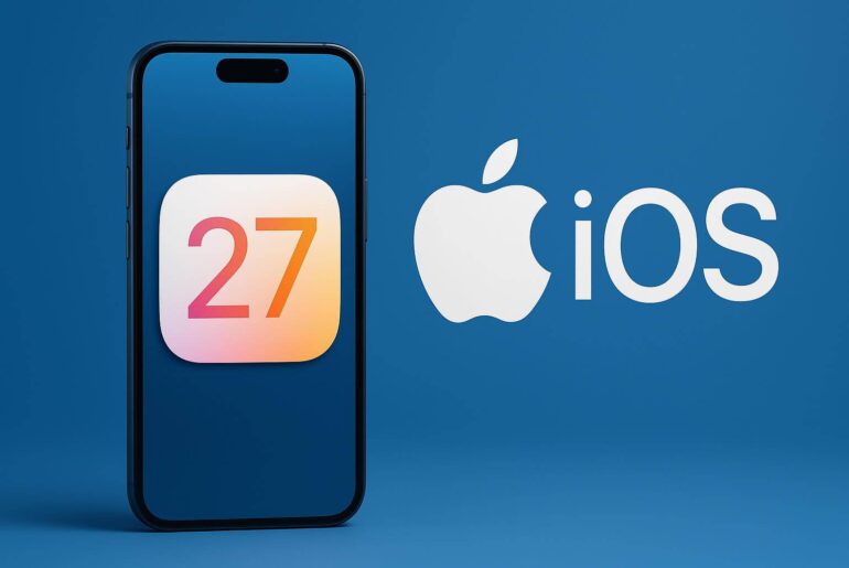 An iPhone displays the number '27' on a colorful app icon alongside the Apple logo and the text 'iOS' on a blue background.