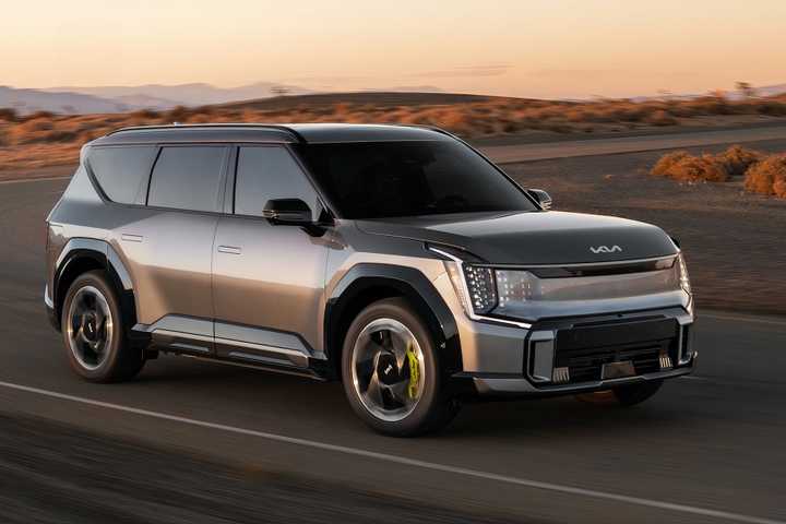 2026 Kia EV9 GT Gray Front Angled View Driving