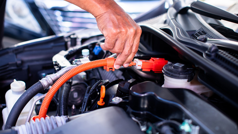 Mechanic inspecting parts in an auto engine during maintenance.