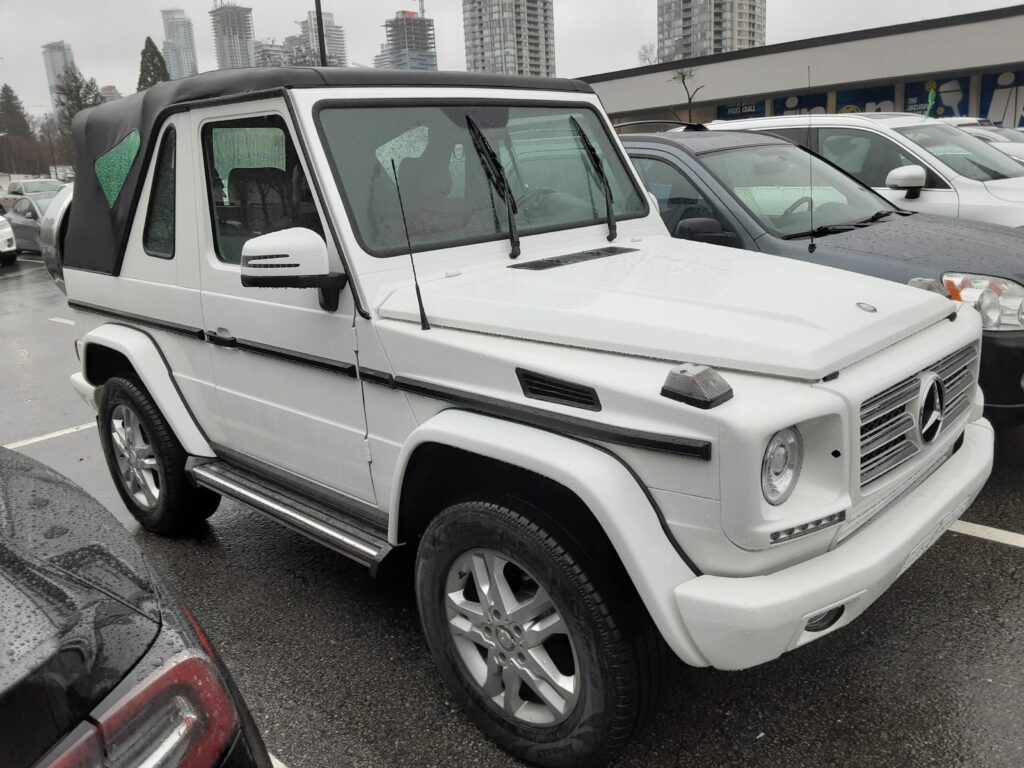 Saw a [Mercedes G500(?) Cabrio] while walking in the mall parking lot yesterday.