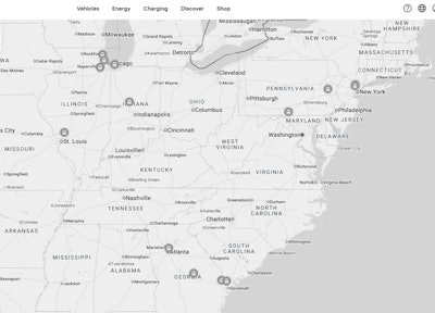 Tesla's proposed Midwest and East Coast Megacharger sites.